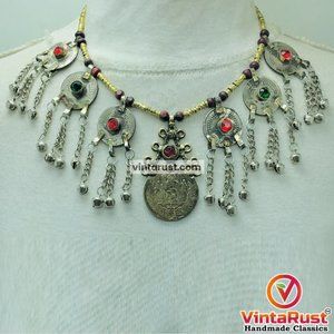 Beaded Chain Necklace, Ethnic Tribal Necklace With Vintage Coins